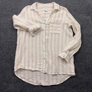 Sigrid Olsen Linen Button Down Shirt Womens Medium Tan White Striped Roll Tab